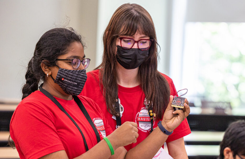 Anushka Tonapi and Ava McGurk are pictured together during the 2022 Broadcom MASTERS International program in Atlanta, Georgia