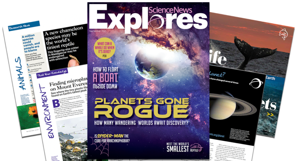 Cover and inside page view of Science News Explores, a magazine for kids ages 9 and up to learn about science.