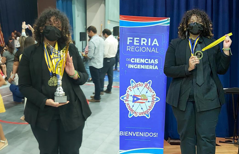 Dan Gonzalez is pictured receiving awards for their work developing a video game that can help diagnose mental health issues.