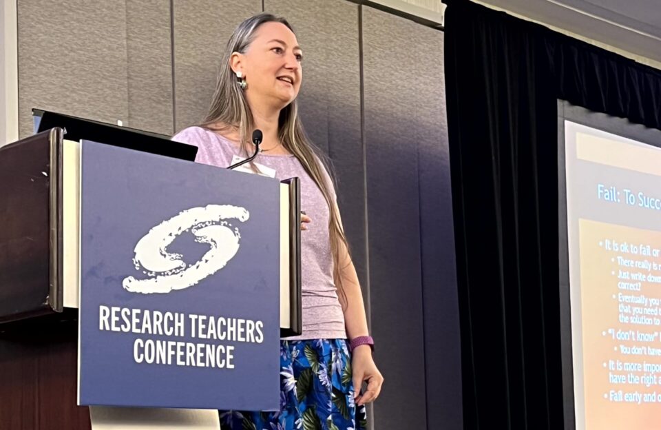 2022 Middle School Research Teachers Conference Keynote speaker Laura Smith-Velazquez speaks to educators.