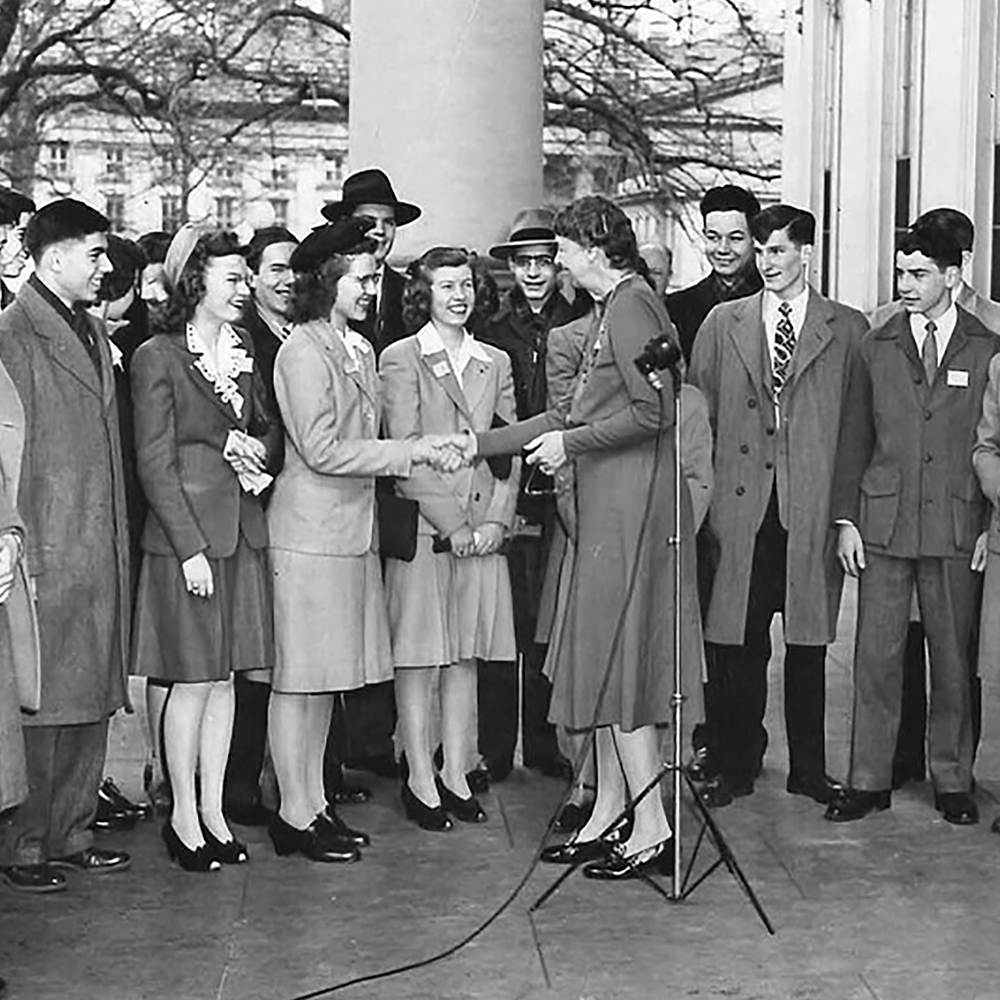 First Lady Eleanor Roosevelt shakes hands with finalists 
