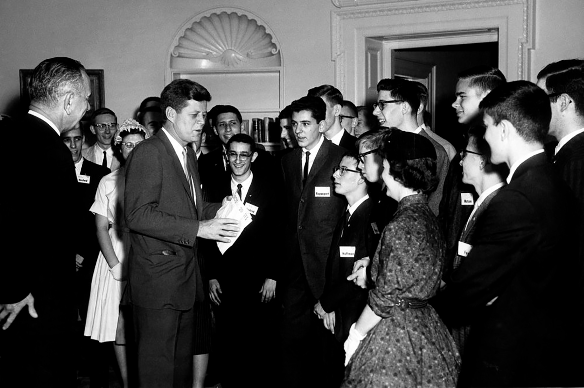 President Kennedy and Vice President Johnson speak with STS finalists at the White House