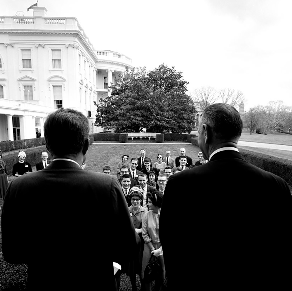 President Kennedy and Vice President Johnson address STS finalists in the Rose Garden 