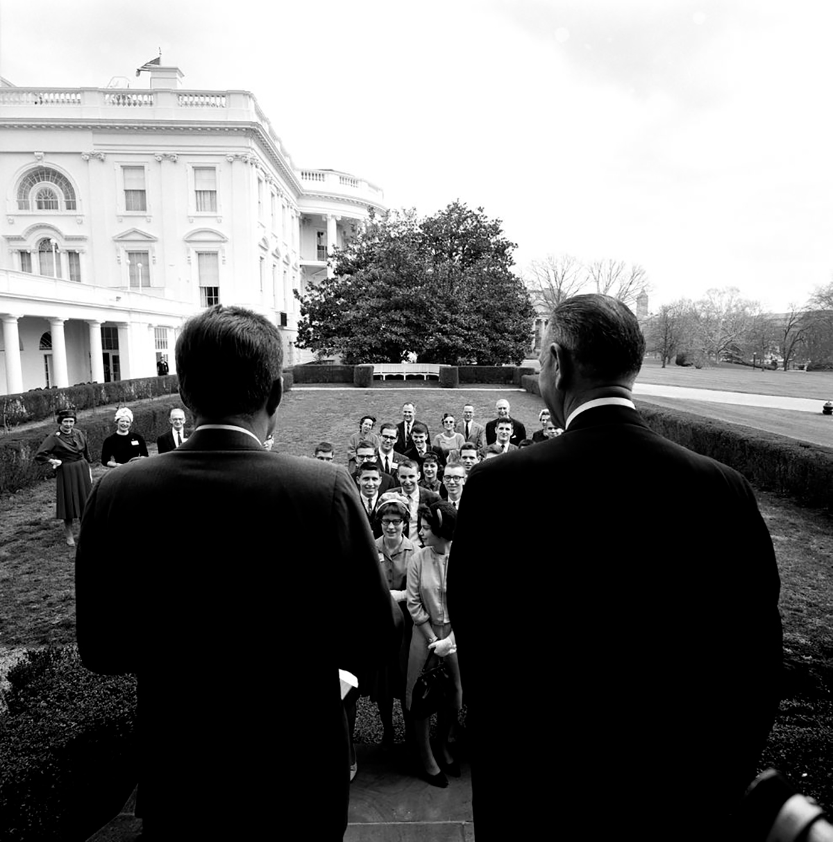 President Kennedy and Vice President Johnson address STS finalists in the Rose Garden 