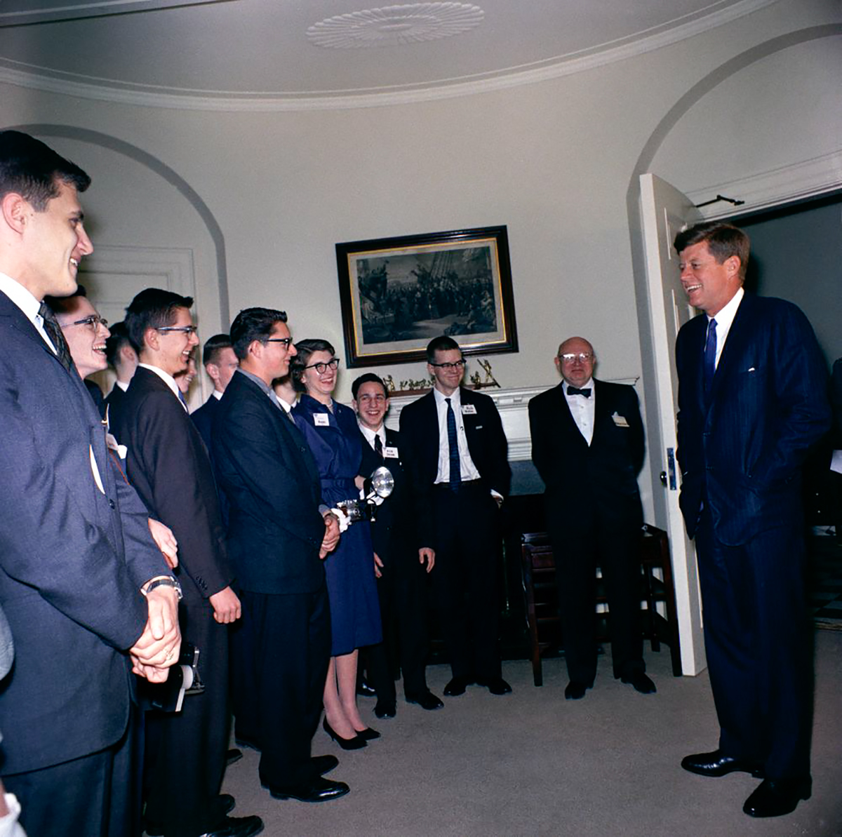 President Kennedy shares a laugh with STS finalists at the White House 