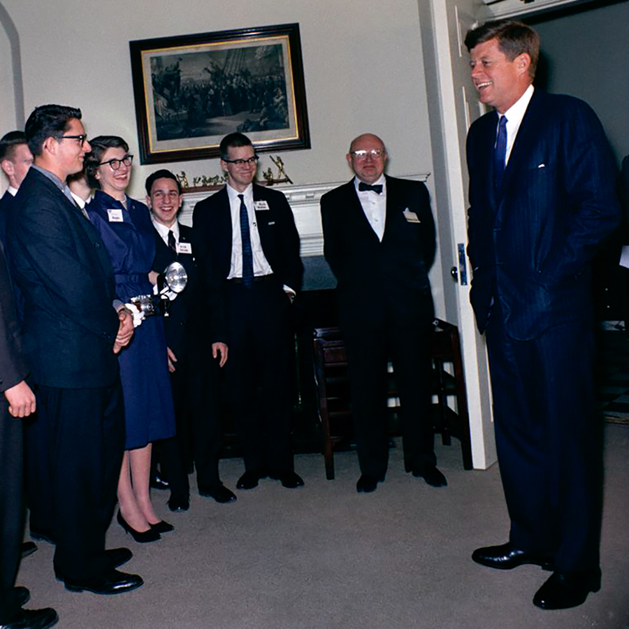 President Kennedy shares a laugh with STS finalists at the White House 