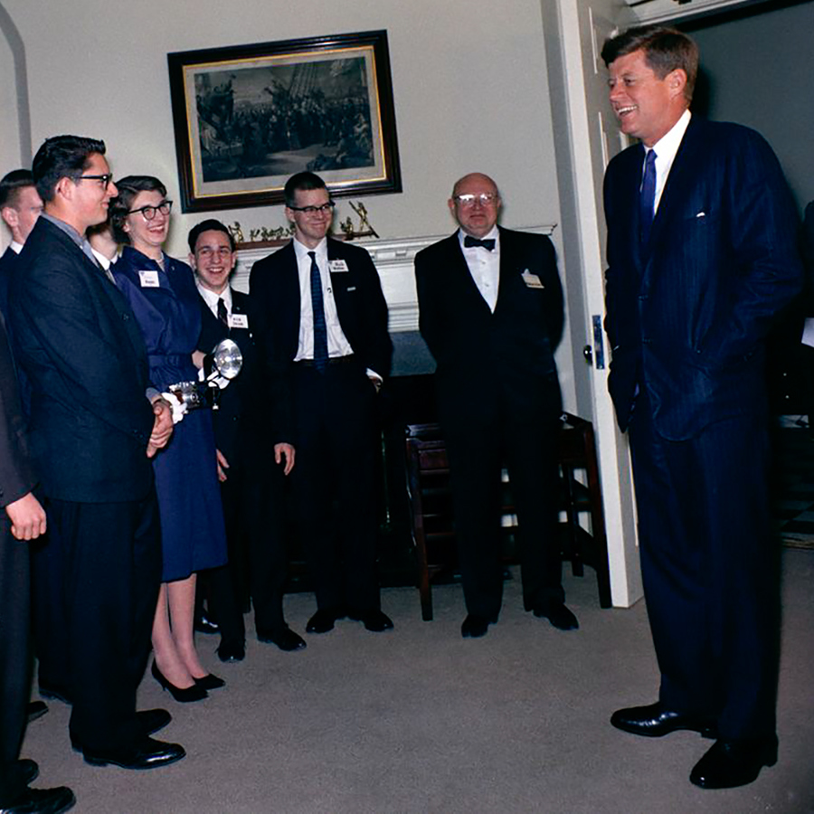 President Kennedy shares a laugh with STS finalists at the White House