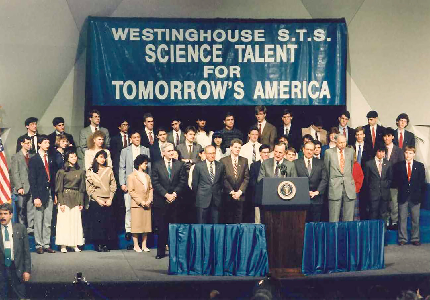 President George H. W. Bush speaks to STS finalists at the National Academy of Sciences