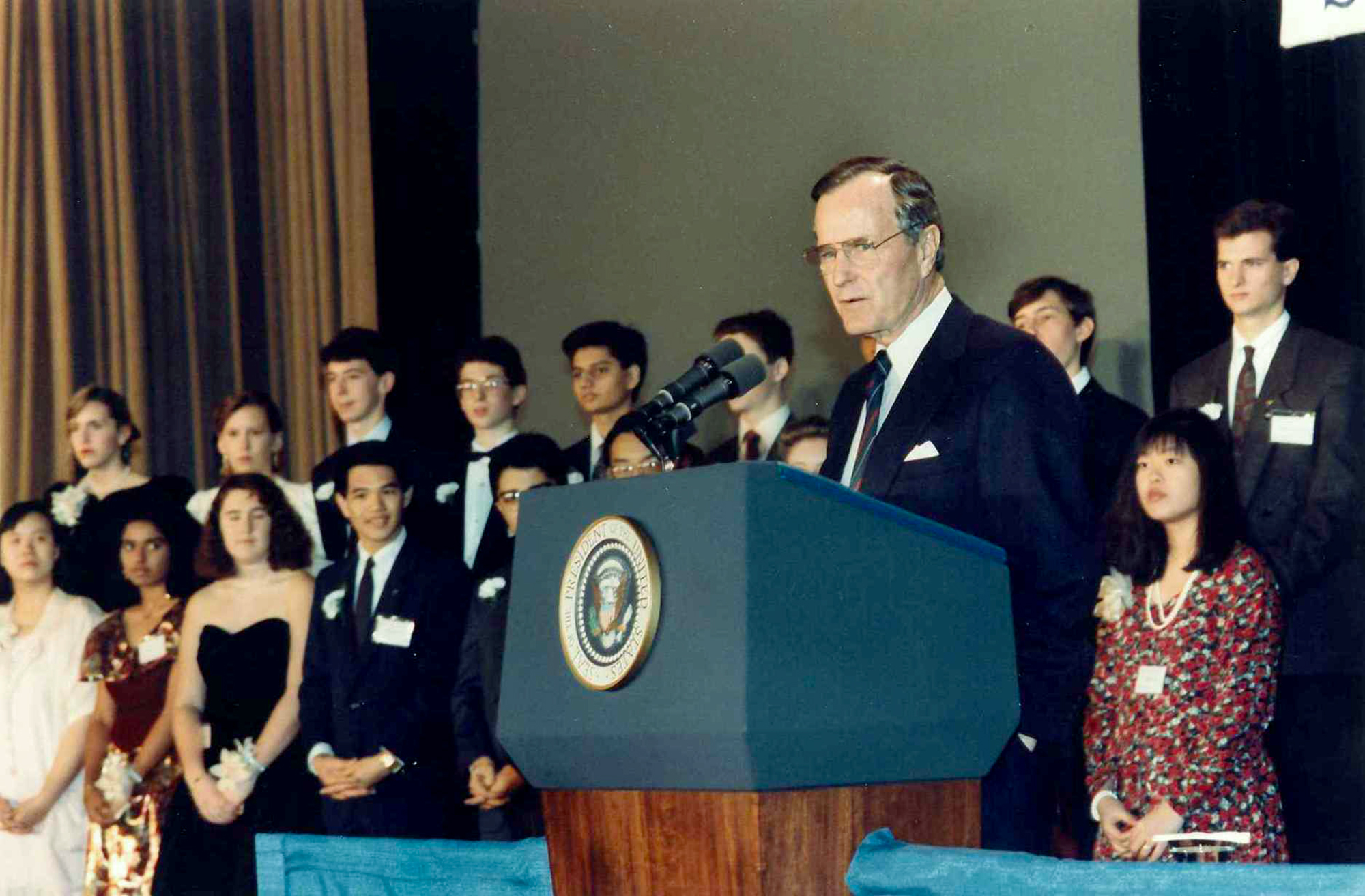 President George H. W. Bush speaks to STS finalists