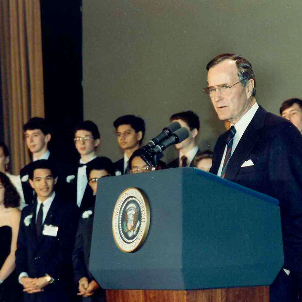 President George H. W. Bush speaks to STS finalists