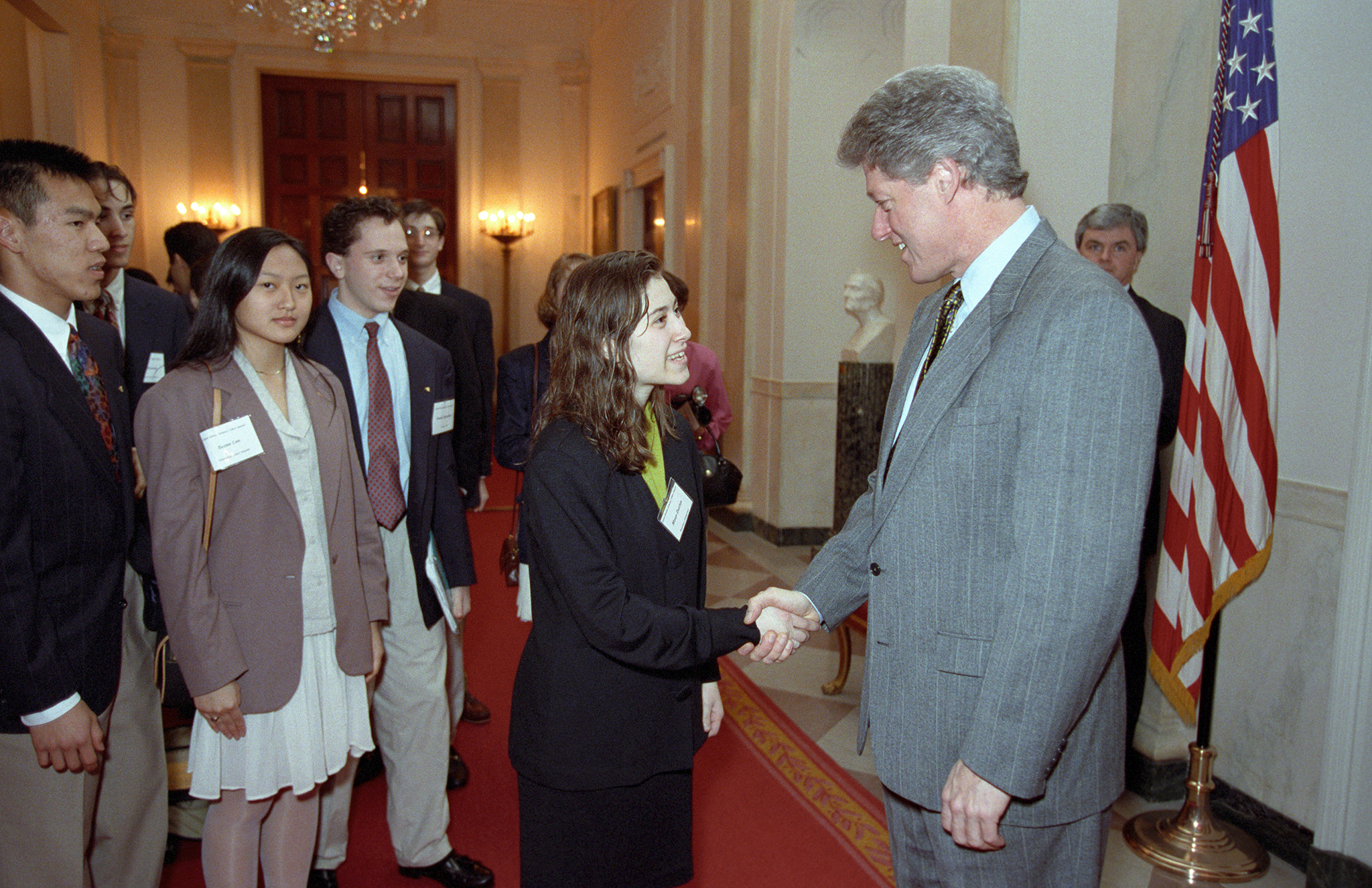 President Clinton greets STS finalist Moon Duchin at the White House