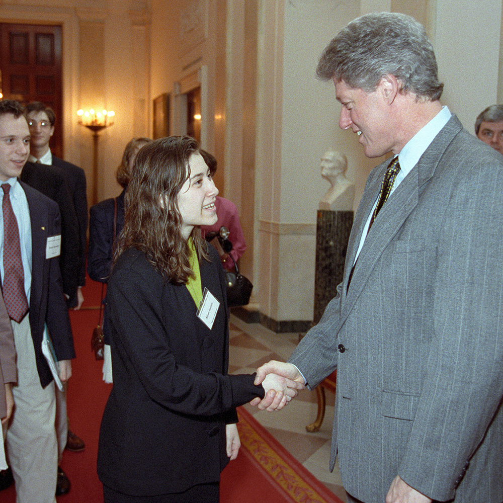 President Clinton greets STS finalist Moon Duchin at the White House