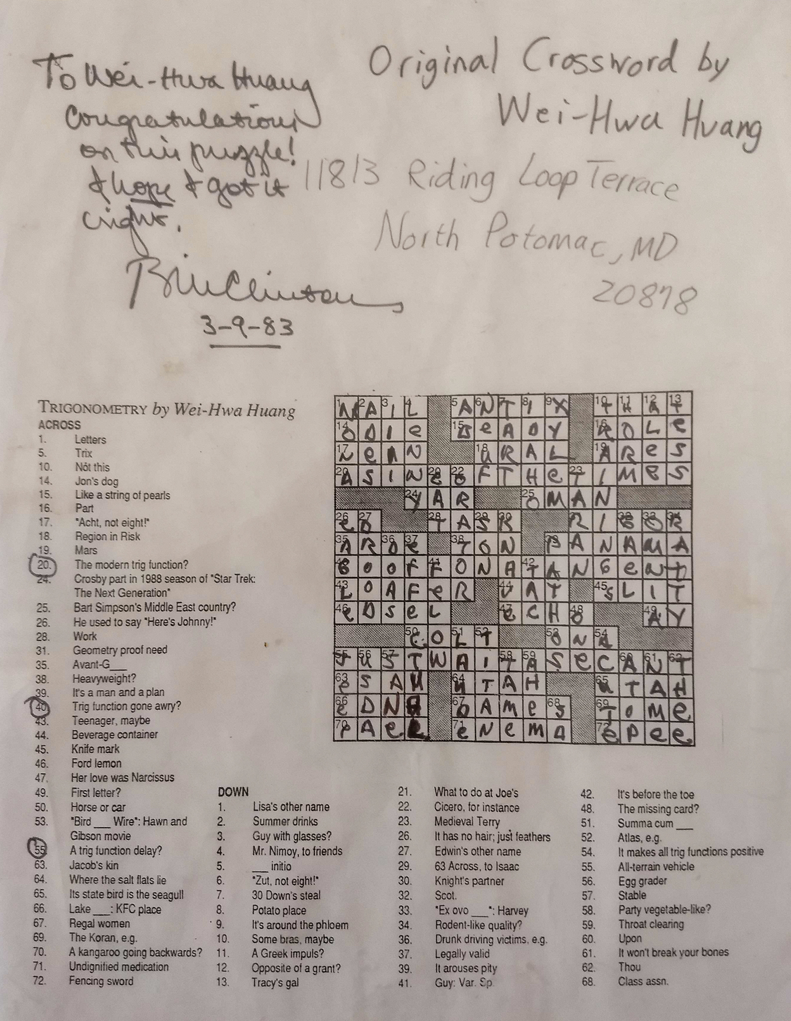 President Clinton sends completed crossword to STS finalist Wei-Hwa Huang 