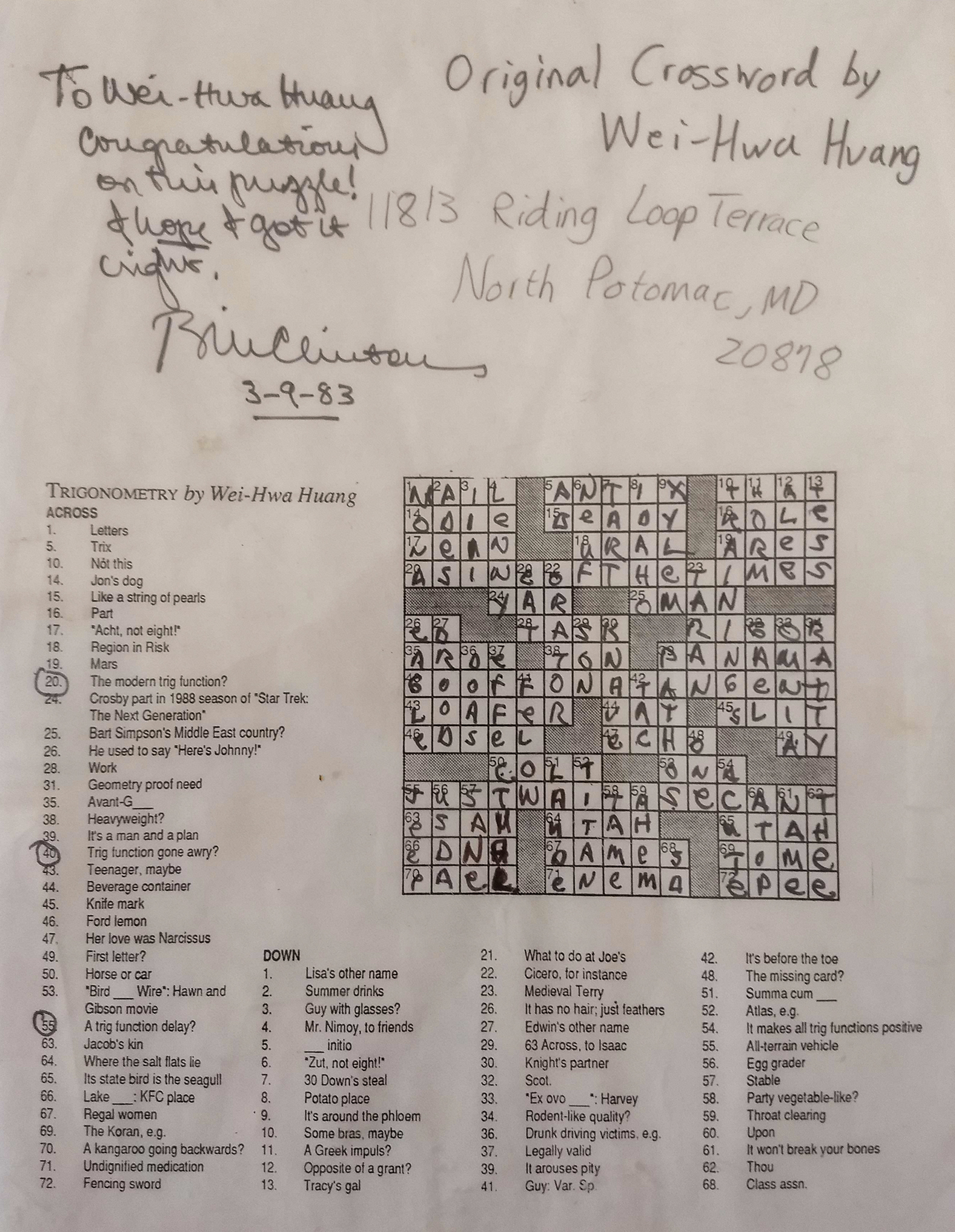 President Clinton sends completed crossword to STS finalist Wei-Hwa Huang