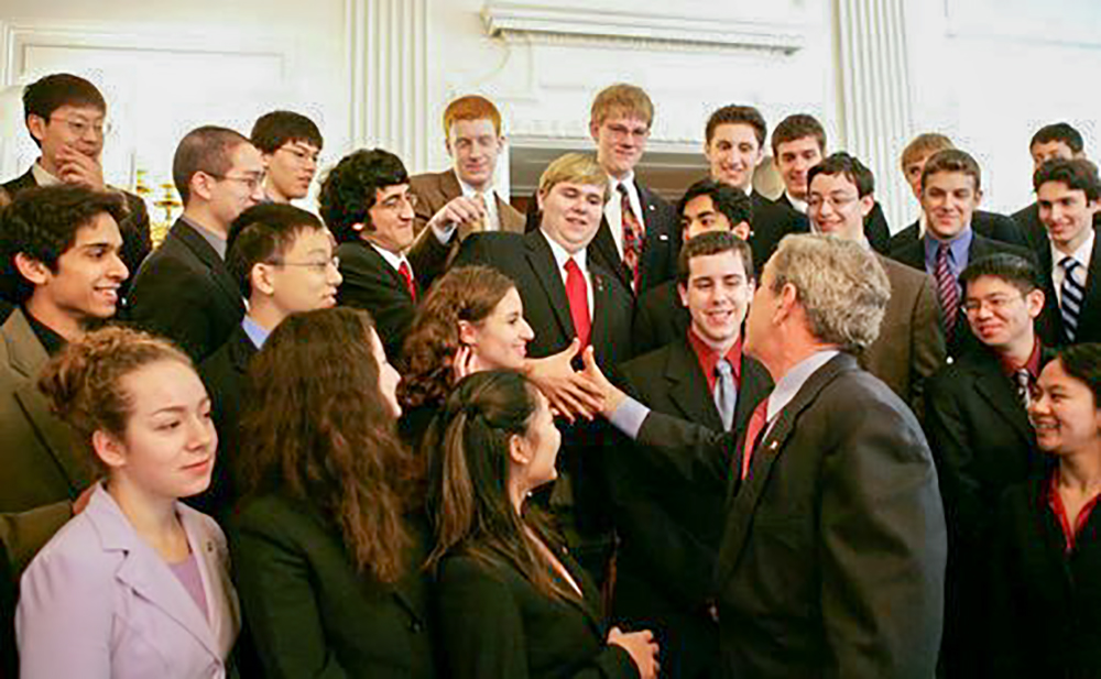 President George W. Bush greets STS finalists at the White House