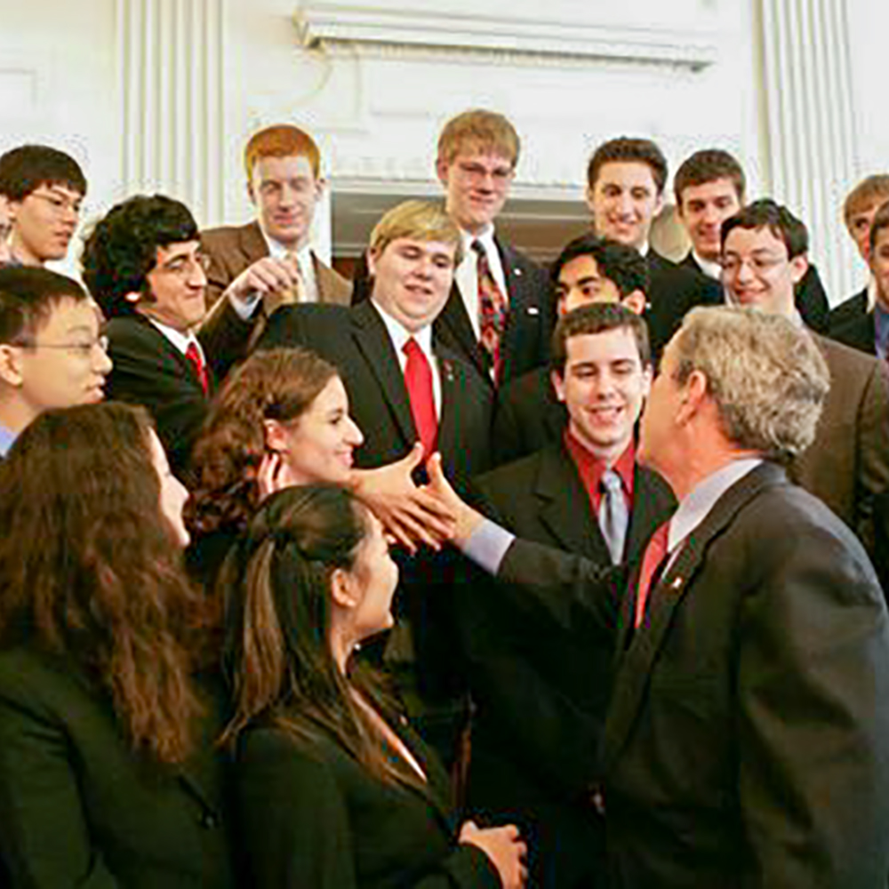 President George W. Bush greets STS finalists at the White House