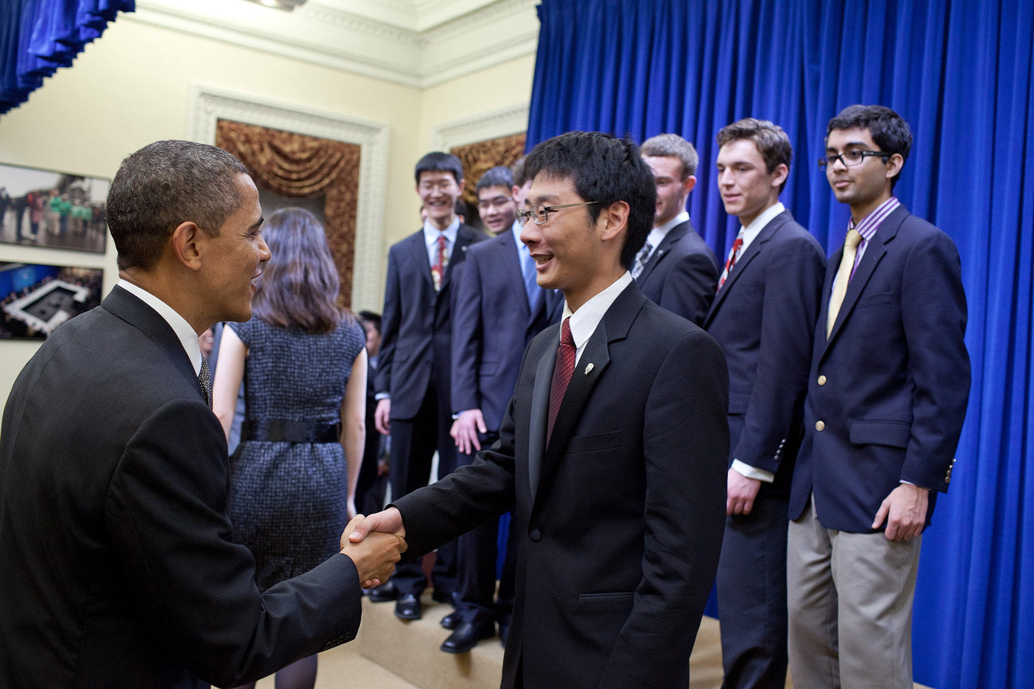 President Obama greets STS finalist Jiacheng (Ben) Li at the White House