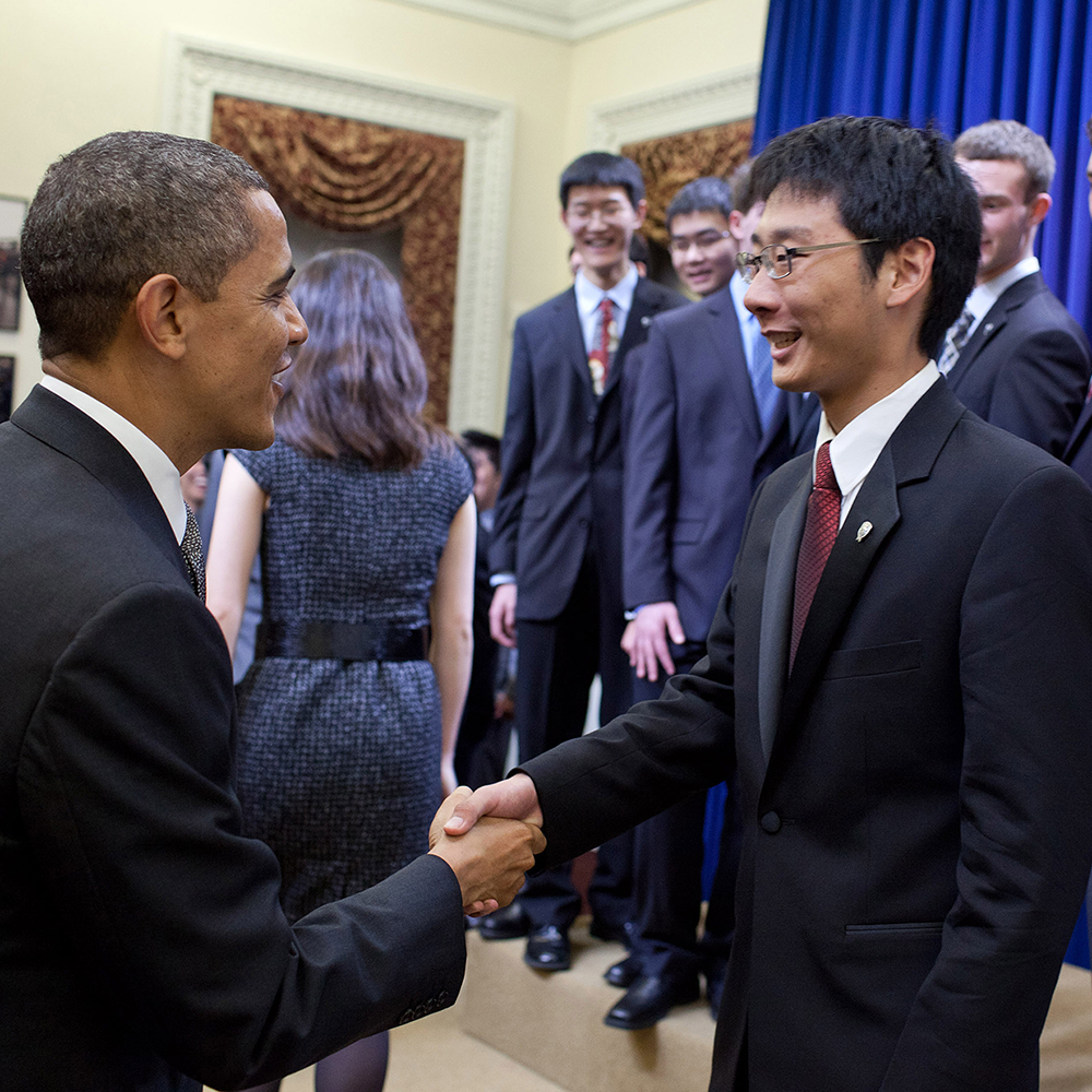 President Obama greets STS finalist Jiacheng (Ben) Li at the White House