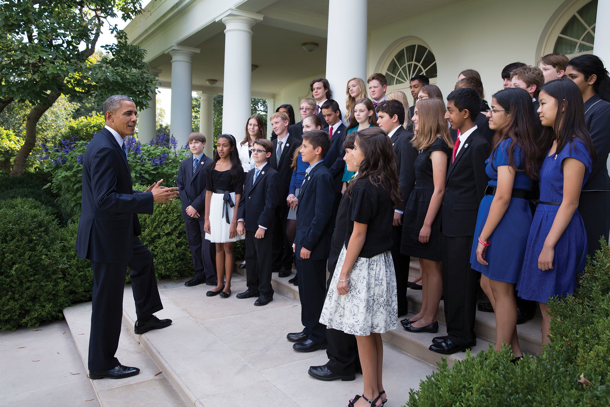 President Obama speaks to the Broadcom MASTERS finalists in the White House Rose Garden