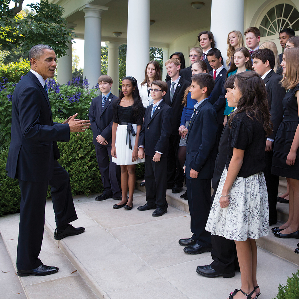 President Obama speaks to the Broadcom MASTERS finalists in the White House Rose Garden