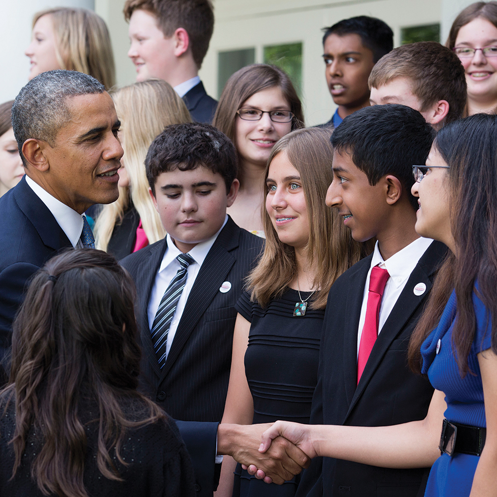President Obama greets Broadcom MASTERS finalist Smita Mohindra