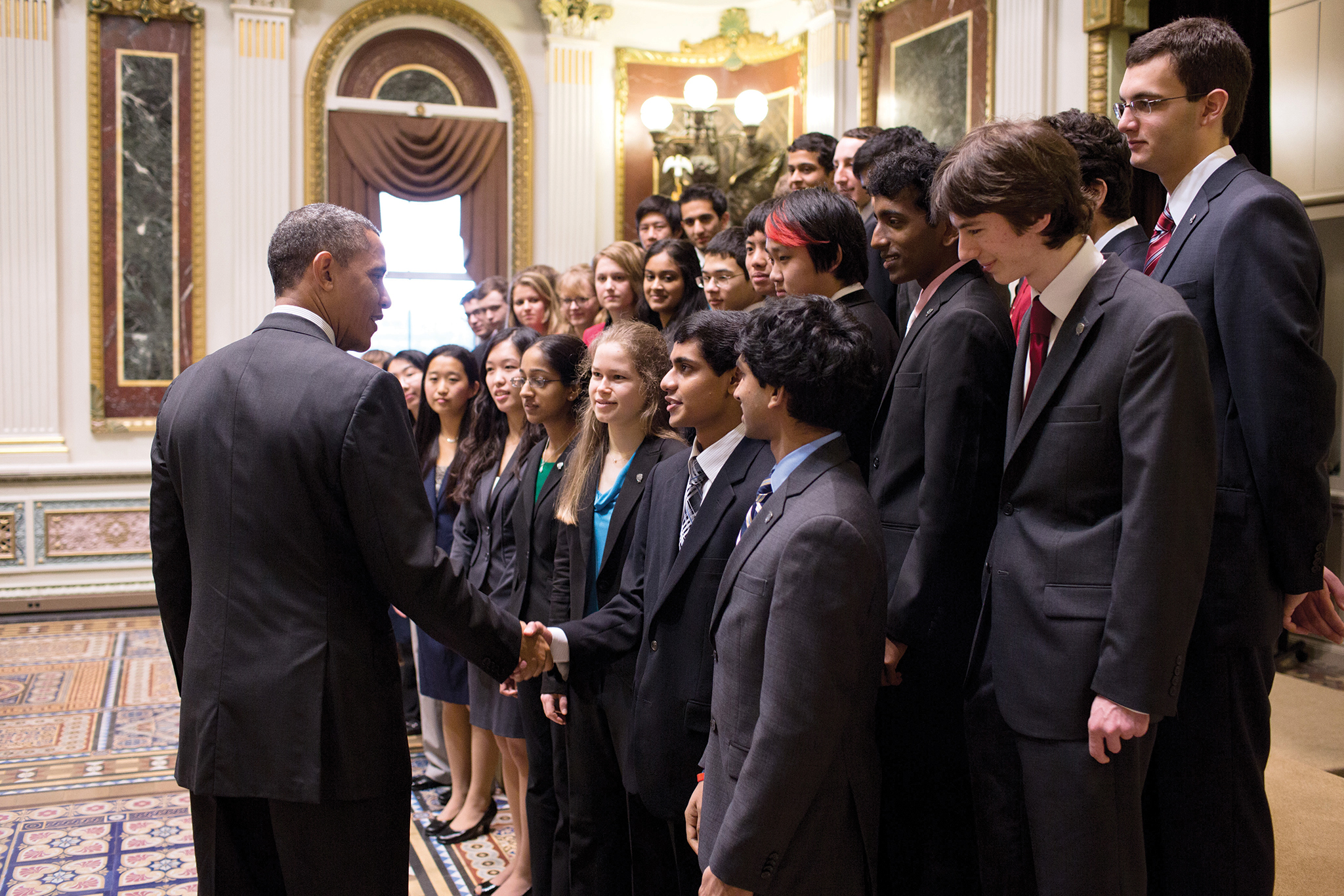 President Obama welcomes STS finalist Akshay Padmanabha to the White House