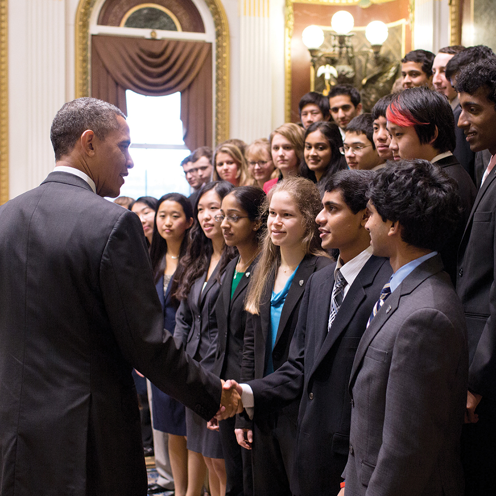 President Obama welcomes STS finalist Akshay Padmanabha to the White House