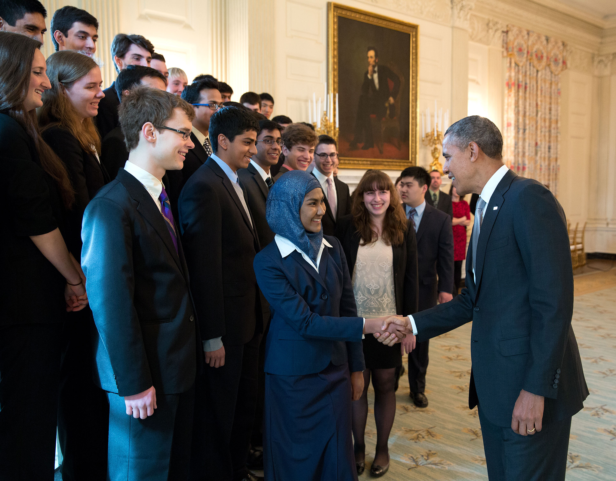 STS finalist Zarin Ibnat Rahman shakes hands with President Obama