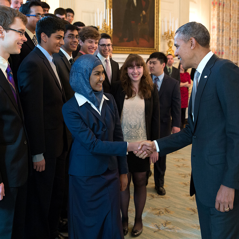 STS finalist Zarin Ibnat Rahman shakes hands with President Obama