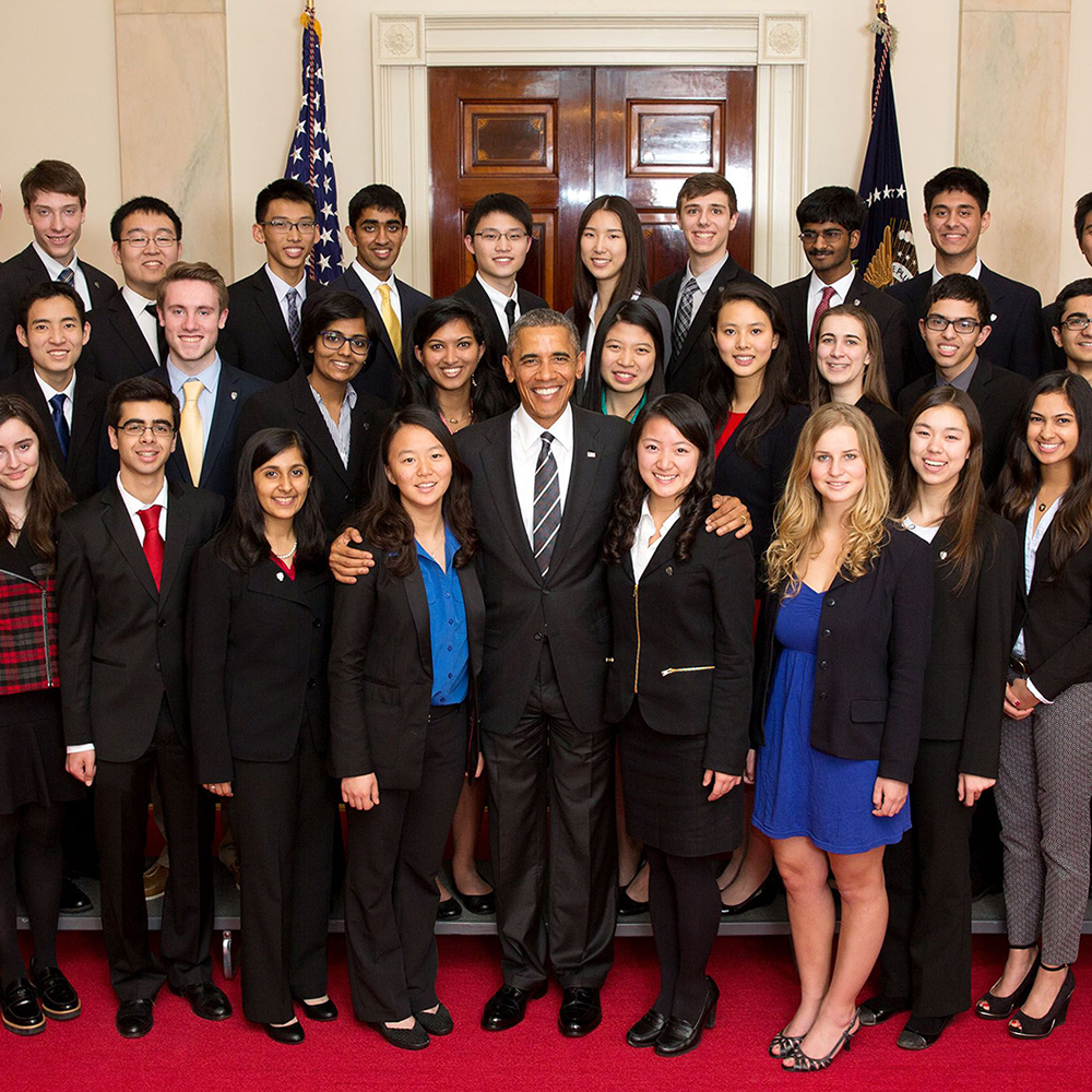 President Obama stands with STS finalists at the White House