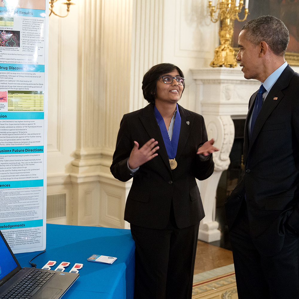2015 STS finalist Anvita Gupta presents her project to President Obama