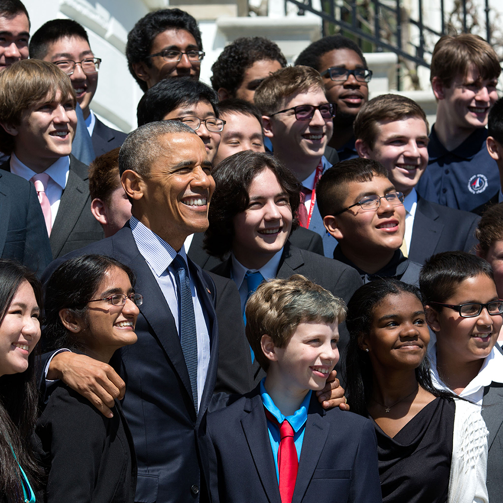 President Obama poses with young scientists at his Final White House Science Fair 