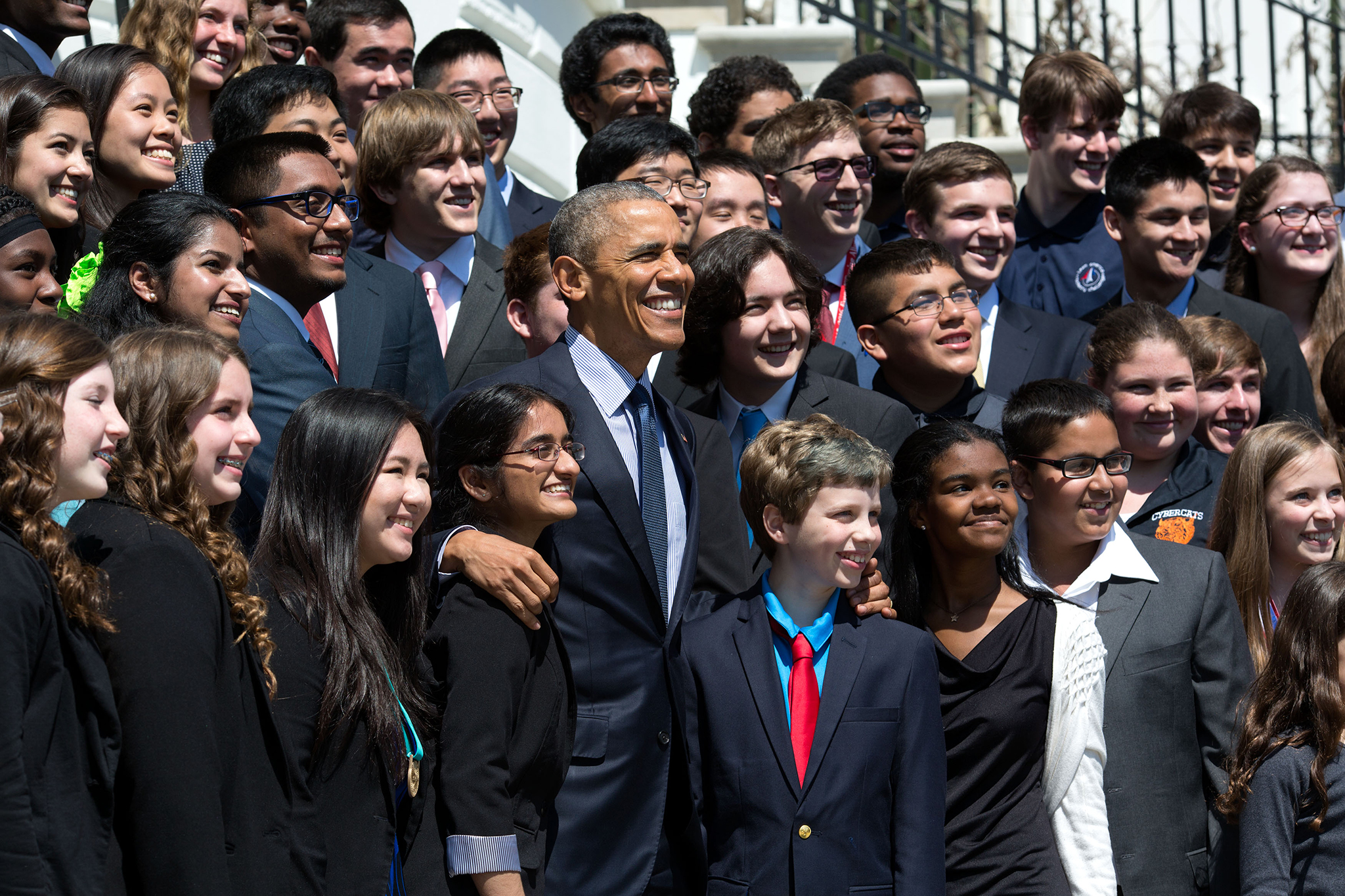 President Obama poses with young scientists at his Final White House Science Fair