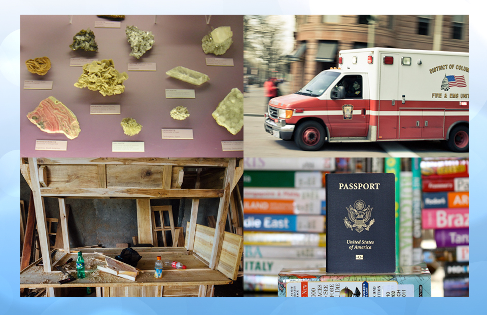 Upper left photo depicts a green rock collection, upper right image depicts a District of Columbia Ambulance, lower left image depicts a wood working station and wooden furniture, lower right image depicts a United States passport in front of travel books.