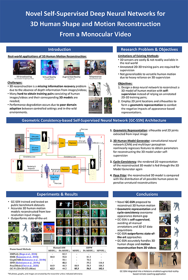 2023 STS Finalist Michaelle Hua project board poster: Novel Self-Supervised Deep Neural Networks for 3D Human Shape and Motion Reconstruction From a Monocular Video