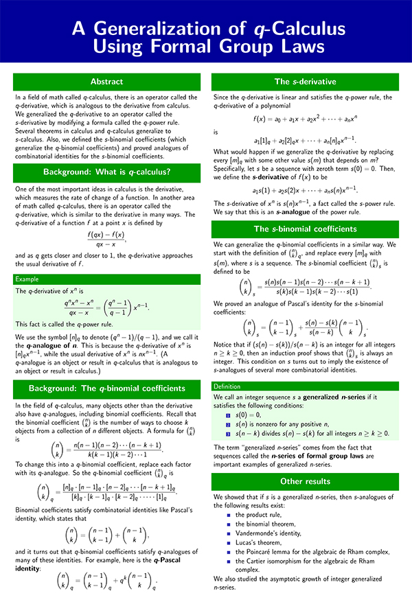 2023 STS Finalist Max Misterka project board poster: A Generalization of q-Calculus Using Formal Group Laws