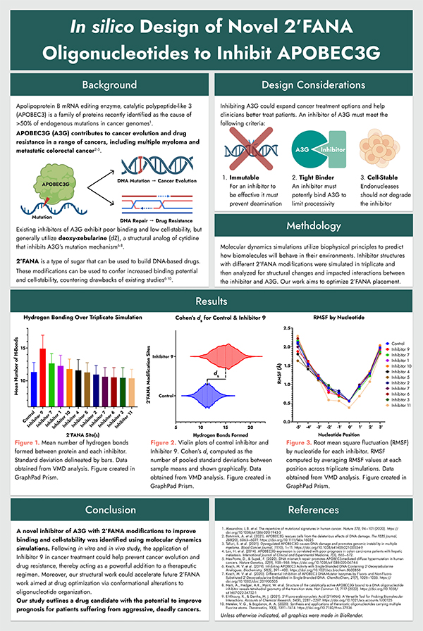 2023 STS Finalist Diego Emilio Suchenski Loustaunau project board poster: In silico Design of Novel 2'FANA Oligonucleotides To Inhibit APOBEC3G