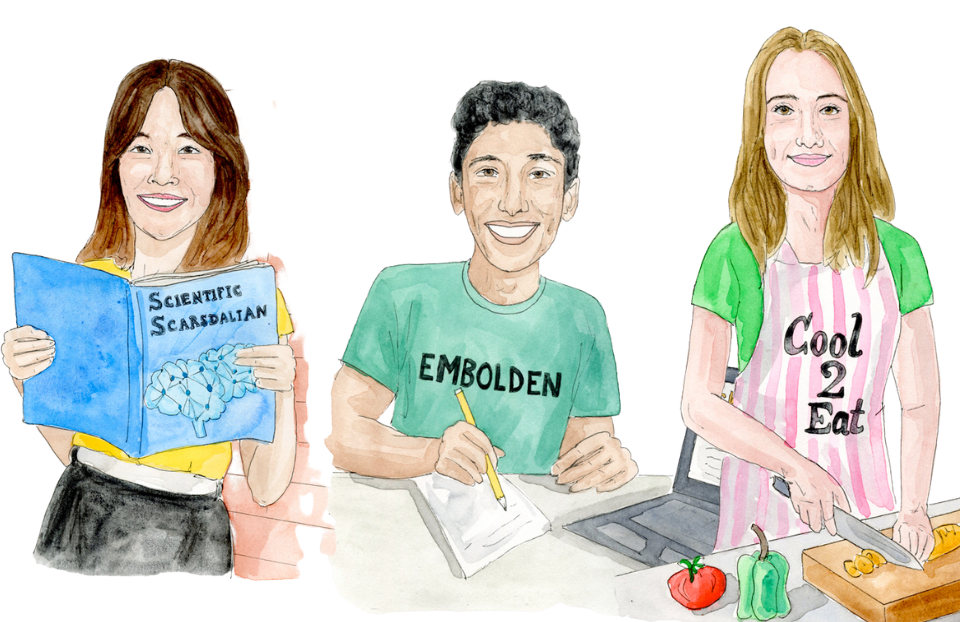 Illustrated portraits of Regeneron STS finalists Cindy DeDianous, Siddhu Pachipala and Madeleine de Belloy