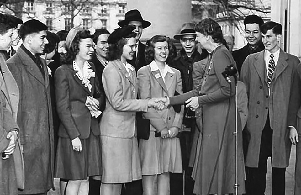 White House Photo Gallery - 1944 First Lady Eleanor Roosevelt shakes hands with finalists 