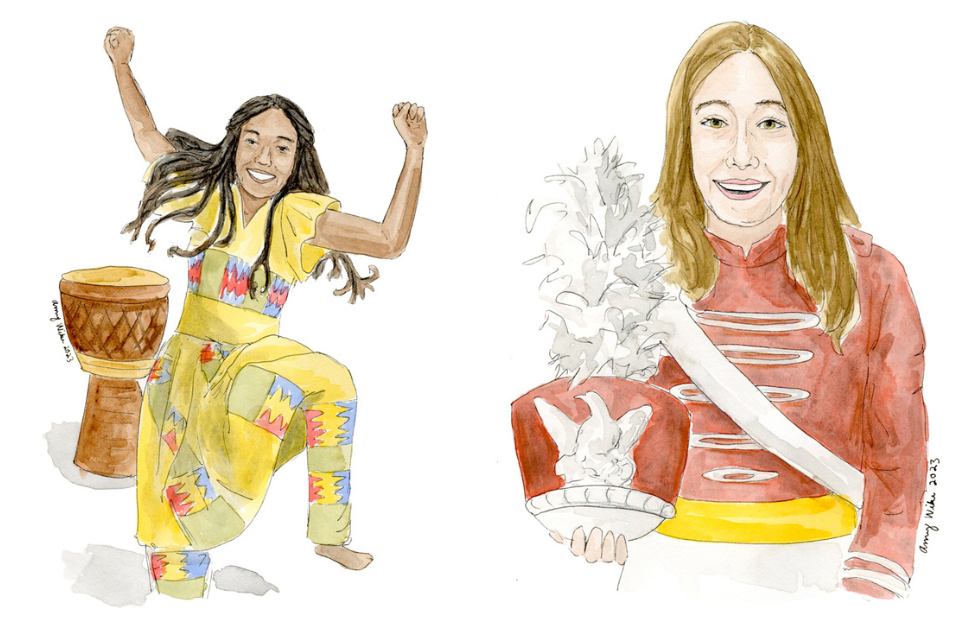 Illustrations of 2023 STS finalists Kamisi Adetunji (left) and Ariella Blackman (right), created by artist Amy Wike.