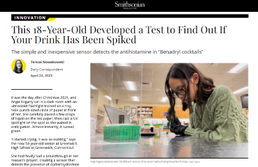 Smithsonian article titled "This 18-Year-Old Developed a Test to Find Out If Your Drink Has Been Spiked" showing image of Regeneron STS 2023 finalist Angie Fogarty.
