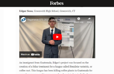 Forbes article showing a video of Regeneron STS finalist Edgar Sosa.
