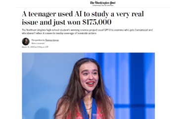 Washington Post article titled "A teenager used AI to study a very real issue and just won $175,000" showing image of Regeneron STS 2023 finalist Emily Ocasio.