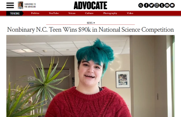 Article titled "Nonbinary N.C. Teen Wins $90k in National Science Competition" from "Advocate", showing image of Regeneron STS 2023 finalist Linden James.