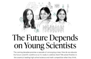 Article titled "The Future Depends on Young Scientists" from showing an illustration of two Regeneron STS Parisa Vaziri and Eshani Jha.