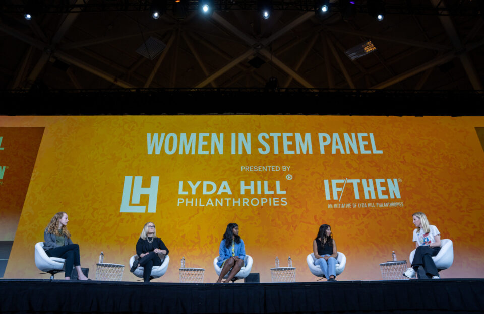 Society for Science alumna Anjali Chadha, Kavya Kopparapu, Magan Lewis and Erin Smith spoke with Lyda Hill Philanthropies CEO Nicole Small during the Women in STEM panel at Regeneron ISEF 2023