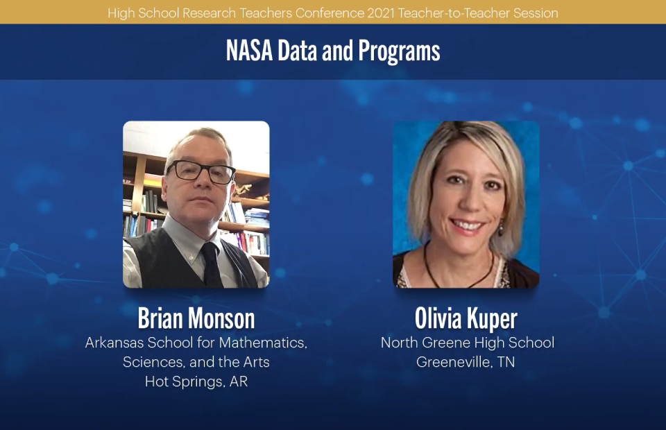 2021 HSRTC session "NASA Data and Programs" by Brian Monson and Olivia Kuper.