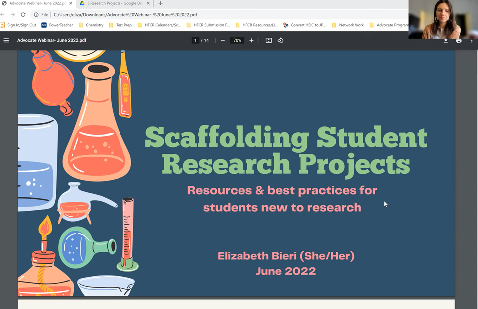 Presentation slide titled "Scaffolding Student Research Projects; Resources & best practices for students new to research" by Elizabeth Bieri