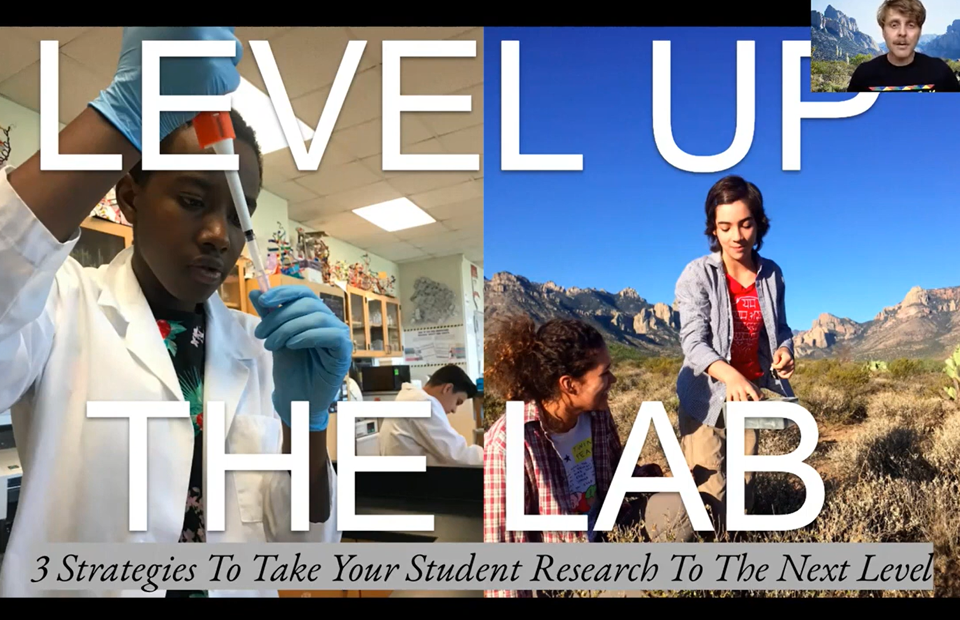 Presentation slide titled "Level Up The Lab, 3 strategies to take your student research to the next level" by Jeremy Jonas