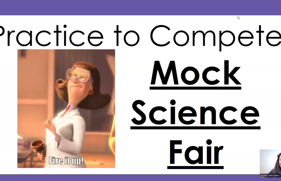 Presentation slide titled "Practice to Compete: Mock Science Fair" by Scotti Benton
